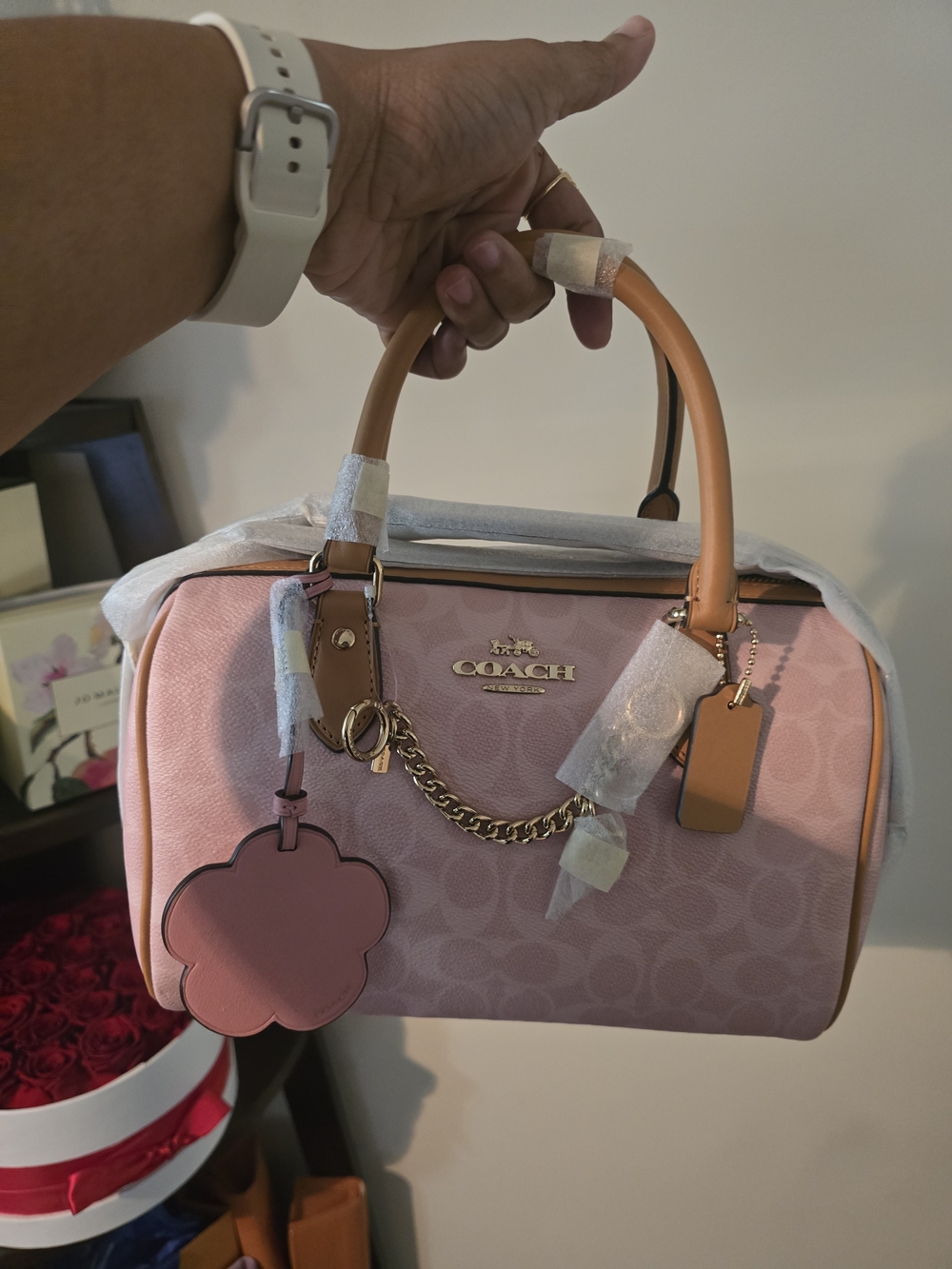 Coach Powder Pink Rowan Signature Satchel with Floral Charm
